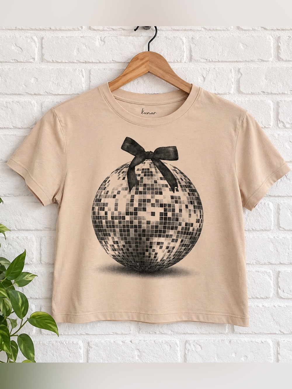 Free Kisses Cream Short-Sleeve Cropped Tee with Black Disco Ball Graphic